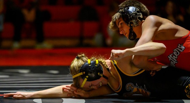 Saucon Valley's Gavin Chunko wrestles Northwestern Lehigh's MacKenzie Case in the 114-pound weight class Wednesday, Jan. 14, 2026, at Saucon Valley High School gym. (April Gamiz/The Morning Call)