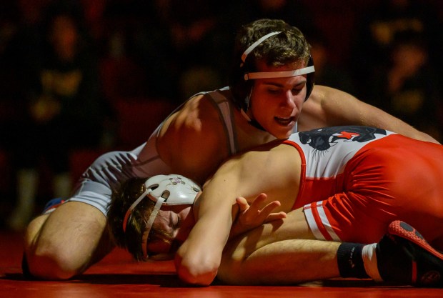 Saucon Valley's Gabe Baer wrestles Northwestern Lehigh's Luke Breidinger in the 121-pound weight class Wednesday, Jan. 14, 2026, at Saucon Valley High School gym. (April Gamiz/The Morning Call)