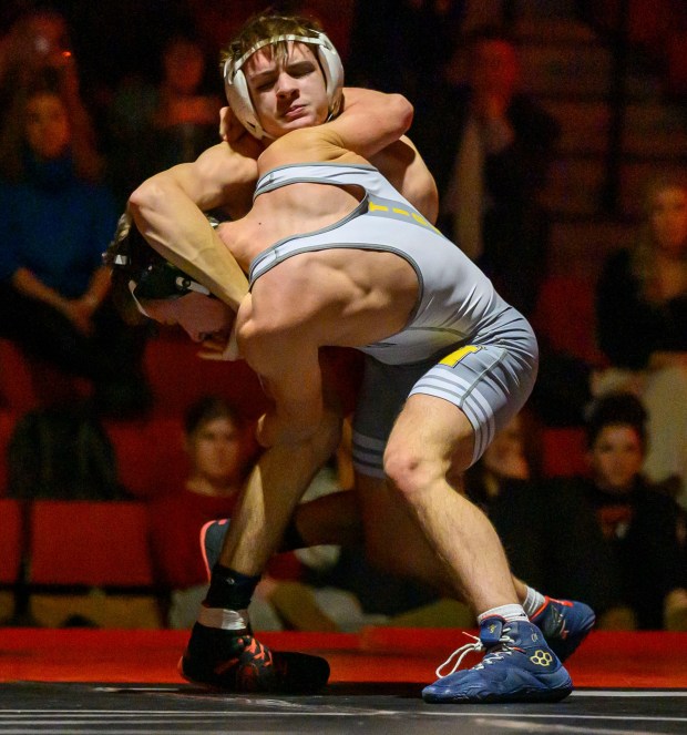 Saucon Valley's Gabe Baer wrestles Northwestern Lehigh's Luke Breidinger in the 121-pound weight class Wednesday, Jan. 14, 2026, at Saucon Valley High School gym. (April Gamiz/The Morning Call)