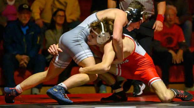 Saucon Valley's Gabe Baer wrestles Northwestern Lehigh's Luke Breidinger in the 121-pound weight class Wednesday, Jan. 14, 2026, at Saucon Valley High School gym. (April Gamiz/The Morning Call)