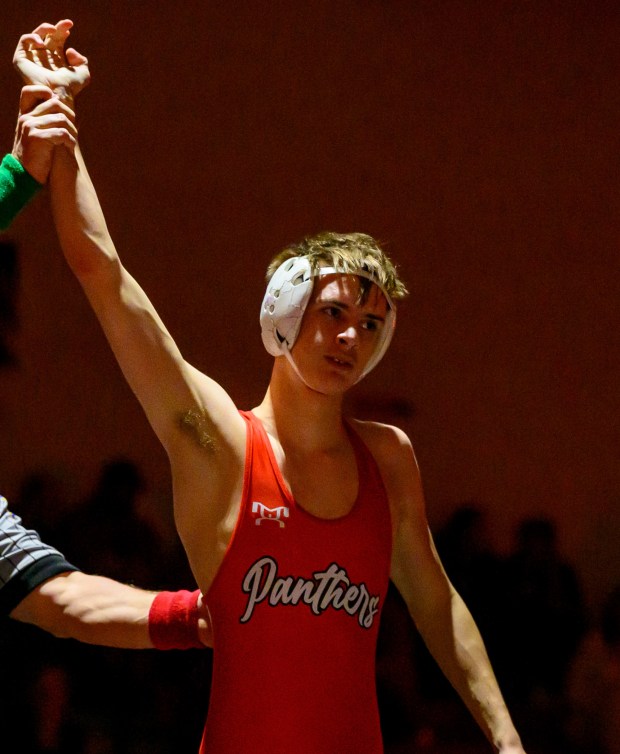 Saucon Valley's Gabe Baer wrestles Northwestern Lehigh's Luke Breidinger in the 121-pound weight class Wednesday, Jan. 14, 2026, at Saucon Valley High School gym. (April Gamiz/The Morning Call)