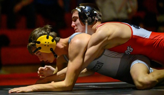 Saucon Valley's Carter Chunko wrestles Northwestern Lehigh's Weston Killar in the 127-pound weight class Wednesday, Jan. 14, 2026, at Saucon Valley High School gym. (April Gamiz/The Morning Call)