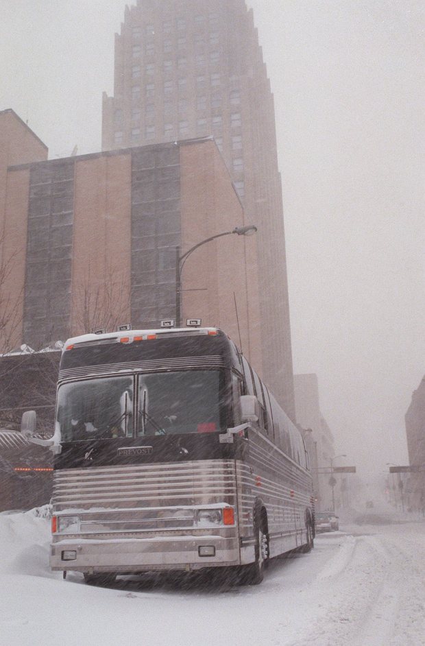 The Orlando Magic basketball team bus sits outside the Hilton Hotel at Ninth and Hamilton streets in Allentown. The team was forced to stay in Allentown because Philadelphia International Airport was closed due to the weather during the blizzard of 1996. (Morning Call file photo)