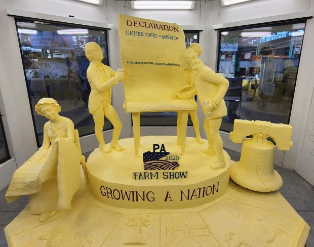 The 2026 Pennsylvania Farm Show Butter Sculpture on Thursday, Jan. 8, 2026, is a 1,000-pound sculpture that illustrates how defining moments in U.S. history and the evolution of agriculture have grown side by side to shape our nation. This year's sculpture is titled, "A Toast to Our Nation's 250th Anniversary: Inspired by Founders. Grown by Farmers." Created for America's 250th anniversary, this year's butter sculpture honors Pennsylvania's pivotal role in the nation's founding and the growth of American agriculture and our nation's economy. Set in 1776 Philadelphia, the sculpture depicts Benjamin Franklin and the Founding Fathers at the signing of the Declaration of Independence, complete with a celebratory toast with milk. Patriotic elements, including the Liberty Bell, a tribute to Betsy Ross, and red, white, and blue accents underscore the spirit of the semi-quincentennial. At the same time, the base highlights Pennsylvania's enduring agricultural heritage.