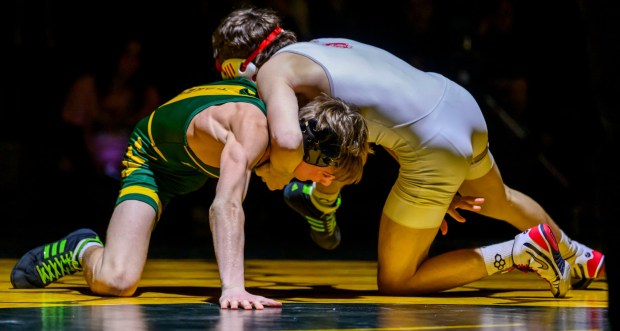 Emmaus' Levi Max wrestles Parkland's Braden Todora in the 114-pound weight class Thursday, Jan. 22, 2026, at Emmaus High School. (April Gamiz/The Morning Call)