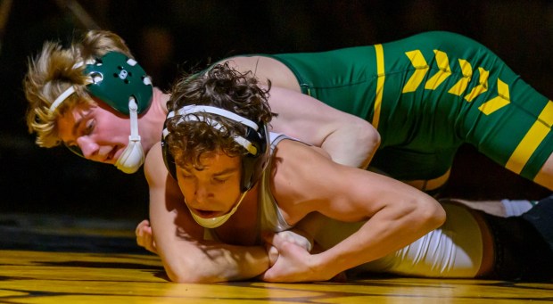 Emmaus' Teagan Caciolo wrestles Parkland's Chase Kruk in the 121-pound weight class Thursday, Jan. 22, 2026, at Emmaus High School. (April Gamiz/The Morning Call)