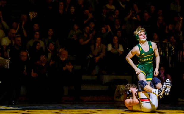 Emmaus' Teagan Caciolo wrestles Parkland's Chase Kruk in the 121-pound weight class Thursday, Jan. 22, 2026, at Emmaus High School. (April Gamiz/The Morning Call)