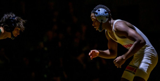Emmaus' Emillo Albanese wrestles Parkland's Ricardo Rivera in the 133-pound weight class Thursday, Jan. 22, 2026, at Emmaus High School. (April Gamiz/The Morning Call)