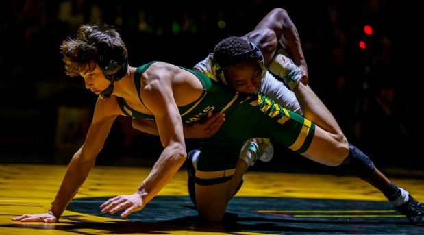 Emmaus' Emillo Albanese wrestles Parkland's Ricardo Rivera in the 133-pound weight class Thursday, Jan. 22, 2026, at Emmaus High School. (April Gamiz/The Morning Call)