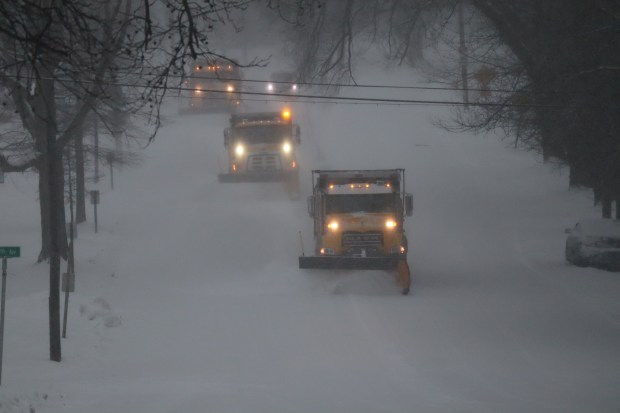 A plow truck clears snow Sunday, Jan. 25, 2026, on Union Boulevard in Bethlehem as a major snowstorm moved into the area. (Rich Rolen/Special to The Morning Call)