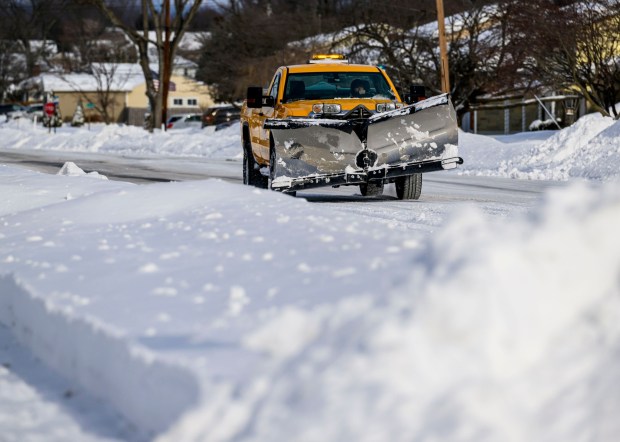 Snow plow trucks travel Monday, Jan. 26, 2026, in Bethlehem after Sunday's storm that dropped more than a foot of snow in some parts of the Lehigh Valley. (April Gamiz/The Morning Call)