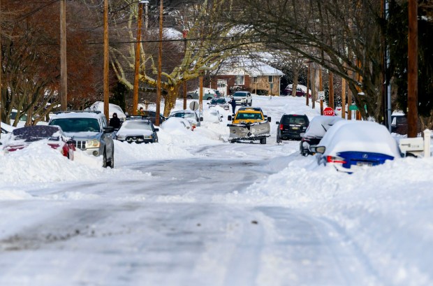 Snow plow trucks travel Monday, Jan. 26, 2026, in Bethlehem after Sunday's storm that dropped more than a foot of snow in some parts of the Lehigh Valley. (April Gamiz/The Morning Call)