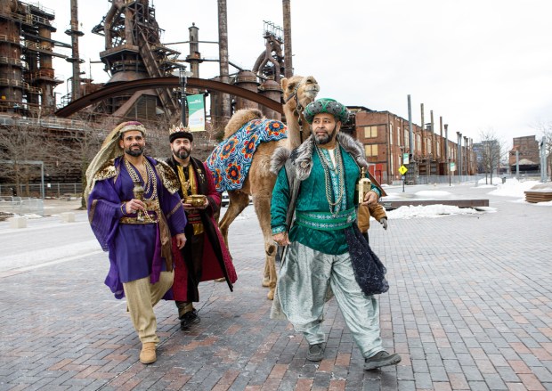 The Three Kings, Ramon Rodriguez, Hector Vazquez and William Cintron, arrive with Einstein the camel during the 14th annual Three Kings Celebration on Sunday, Jan. 4, 2026, at SteelStacks in Bethlehem. (Jane Therese/Special to The Morning Call)