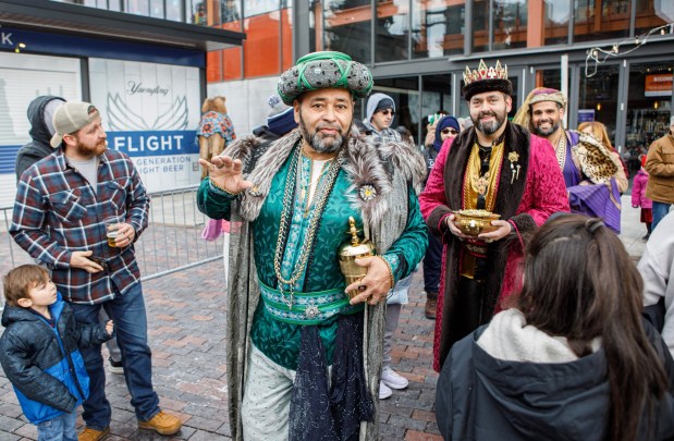The Three Kings, William Cintron, Hector Vazquez and Ramon Rodriguez, arrive during the 14th annual Three Kings Celebration on Sunday, Jan. 4, 2026, at SteelStacks in Bethlehem. (Jane Therese/Special to The Morning Call)
