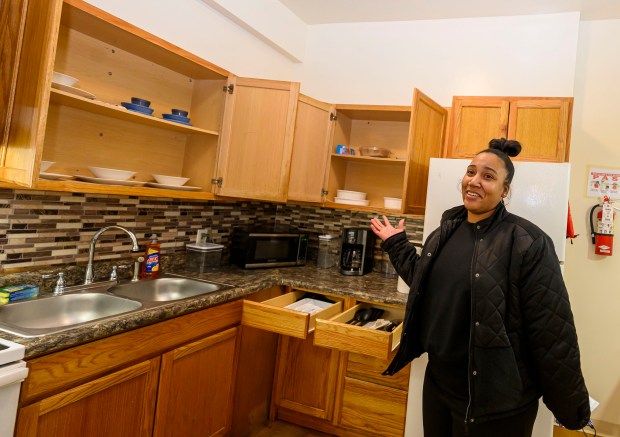 Amira Scott, a participant of the Step Up program, gives a tour of her new apartment that she will share with her two young children Monday, Jan. 5, 2026, in Allentown. The Step Up program is a new, transitional housing program for families staying at the Sixth Street Shelter. Families can apply to stay in one of five apartments near the shelter, and will receive additional services to help them transition from shelter living to permanent housing, including case management and financial education. (April Gamiz / The Morning Call)