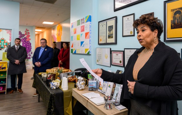 Dawn Godshall, CEO of Community Action Lehigh Valley, speaks Monday, Jan. 5, 2026, during a ribbon-cutting event celebrating the Sixth Street Shelter's new Step Up transitional housing program in Allentown. Families staying at the Sixth Street Shelter may apply for one of five apartments near the shelter, and will receive additional services to help them transition from shelter living to permanent housing, including case management and financial education. (April Gamiz / The Morning Call)