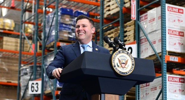 U.S. Rep. Ryan Mackenzie speaks Tuesday, Dec. 16, 2025, at a Uline warehouse in Lower Macungie Township before an address by Vice President JD Vance on the economy. (Monica Cabrera/The Morning Call)