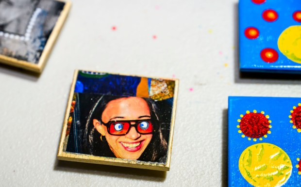 Experimental art tiles Tuesday, Jan. 6, 2026, created by Dave Jacoby of Bethlehem Township as part of an idea he had years ago that he calls WOA! (World of art!). Jacoby leaves the tiles in various place to cheer up people at a time when there is fear, anger and sadness in the world. He started a Facebook page and gives the tiles to people, asking them to spread the art and upload a photo and a post about where it was placed. (April Gamiz / The Morning Call)