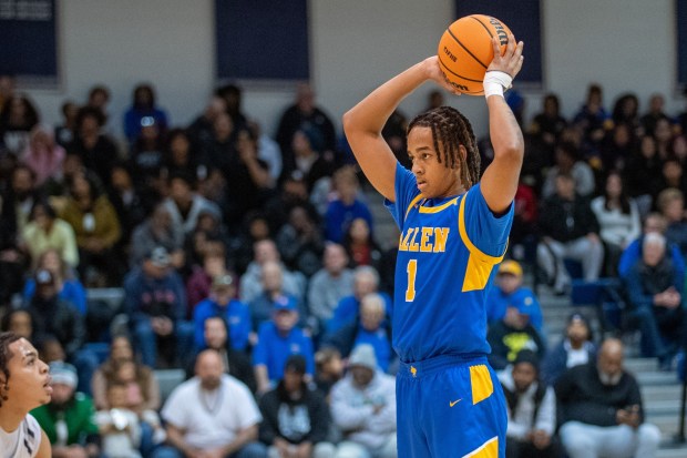 Allen's Tiheed Wise looks to pass the ball against Dieruff during an Eastern Pennsylvania Conference boys basketball game on Saturday, Dec.20, 2025, at Dieruff High School in Allentown. (Jonathan Broady/Special to The Morning Call)