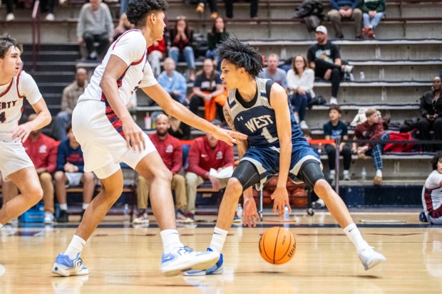 Pocono Mountain West's KJ Coles Jr drives up the court against Liberty during an Eastern Pennsylvania Conference basketball game on Thursday, Dec.18, 2025, at Liberty High School in Bethlehem. (Jonathan Broady/Special to The Morning Call)