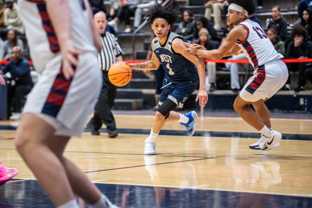 Pocono Mountain West's KJ Coles Jr drives up the court against Liberty during an Eastern Pennsylvania Conference basketball game on Thursday, Dec.18, 2025, at Liberty High School in Bethlehem. (Jonathan Broady/Special to The Morning Call)