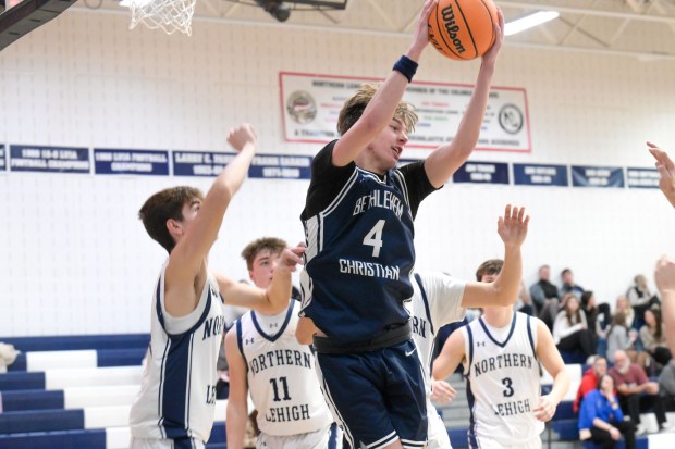 Bethlehem Christian's Gabe Transue gets a rebound during a game against Northern Lehigh on Monday, Dec. 29, 2025, at Northern Lehigh High School in Slatington. (Jonathan Broady/Special to The Morning Call)