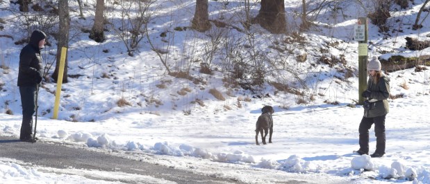 People bundle up for cold weather Thursday, Jan. 27, 2022, as they explore Trexler Nature Preserve with their pets in North Whitehall Township. (Amy Shortell / The Morning Call)