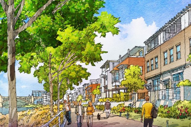 A rendering of The Waterfront that is being constructed in Allentown along the Lehigh River. The Waterfront Development Co. announced the completion of an updated long-term master plan on Tuesday. (Courtesy of The Waterfront Development Co.)