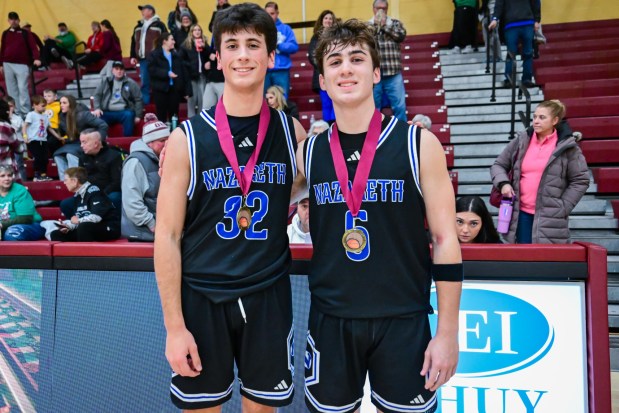 Nazareth's Bobby Grzenda and Logan Hahn led the Blue Eagles to a win over Whitehall in the Zephyr Holiday Classic championship game Tuesday, Dec. 30, 2025, at Whitehall High School. (Jonathan Broady/Special to The Morning Call)