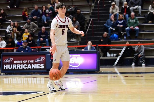 Liberty's Jake Pukszyn handles the ball in an Eastern Pennsylvania Conference basketball game on Friday, Jan. 10, 2025, at Liberty High School in Bethlehem. (Jonathan Broady/Special to The Morning Call)