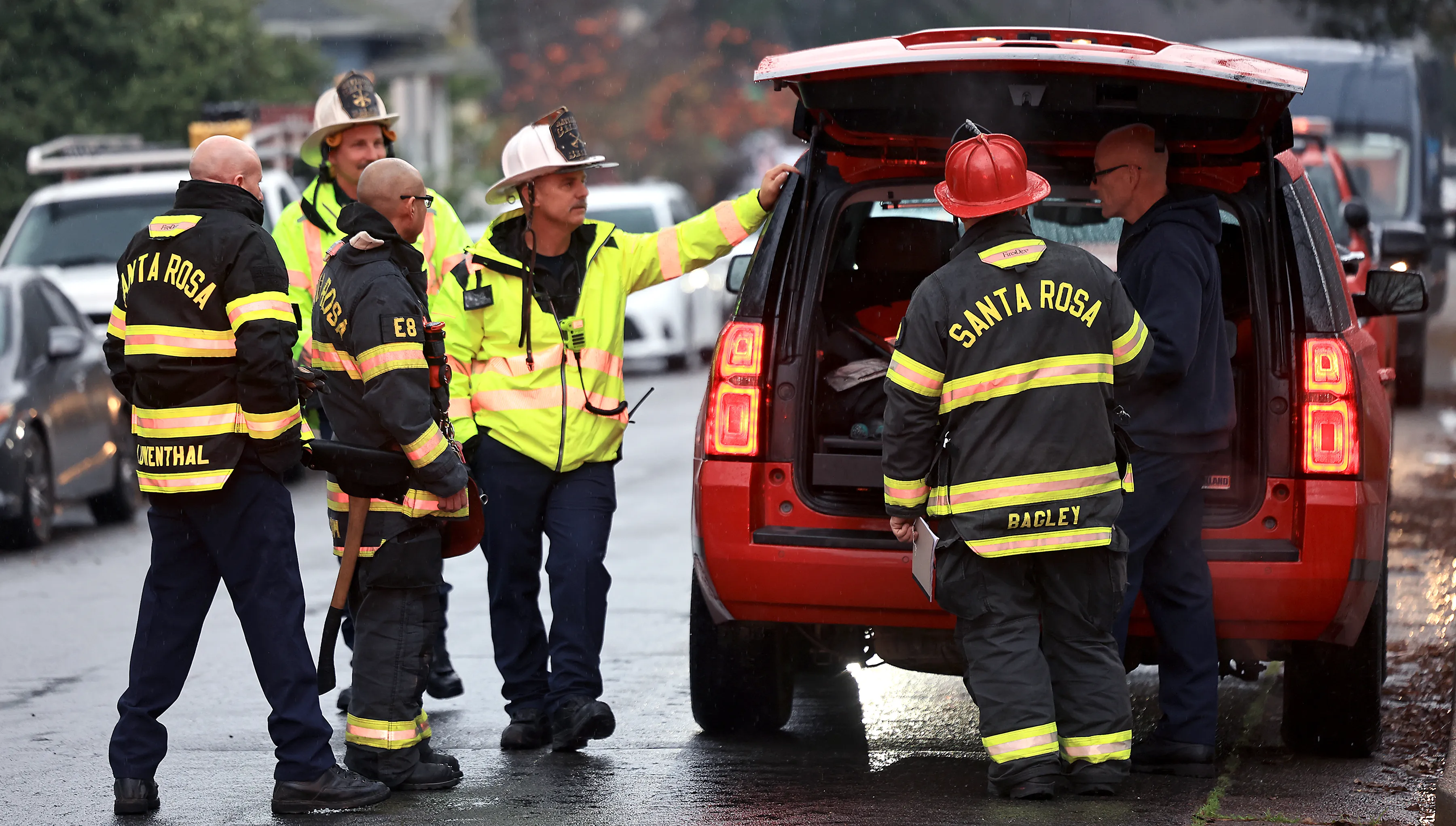 Santa Rosa firefighters gather at the Bethlehem Tower after an...