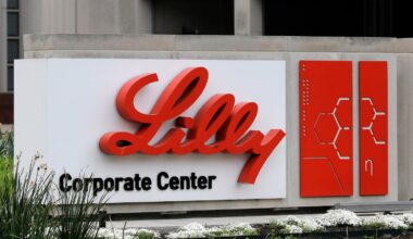 A sign for Eli Lilly & Co. stands outside their corporate headquarters in Indianapolis on April 26, 2017.