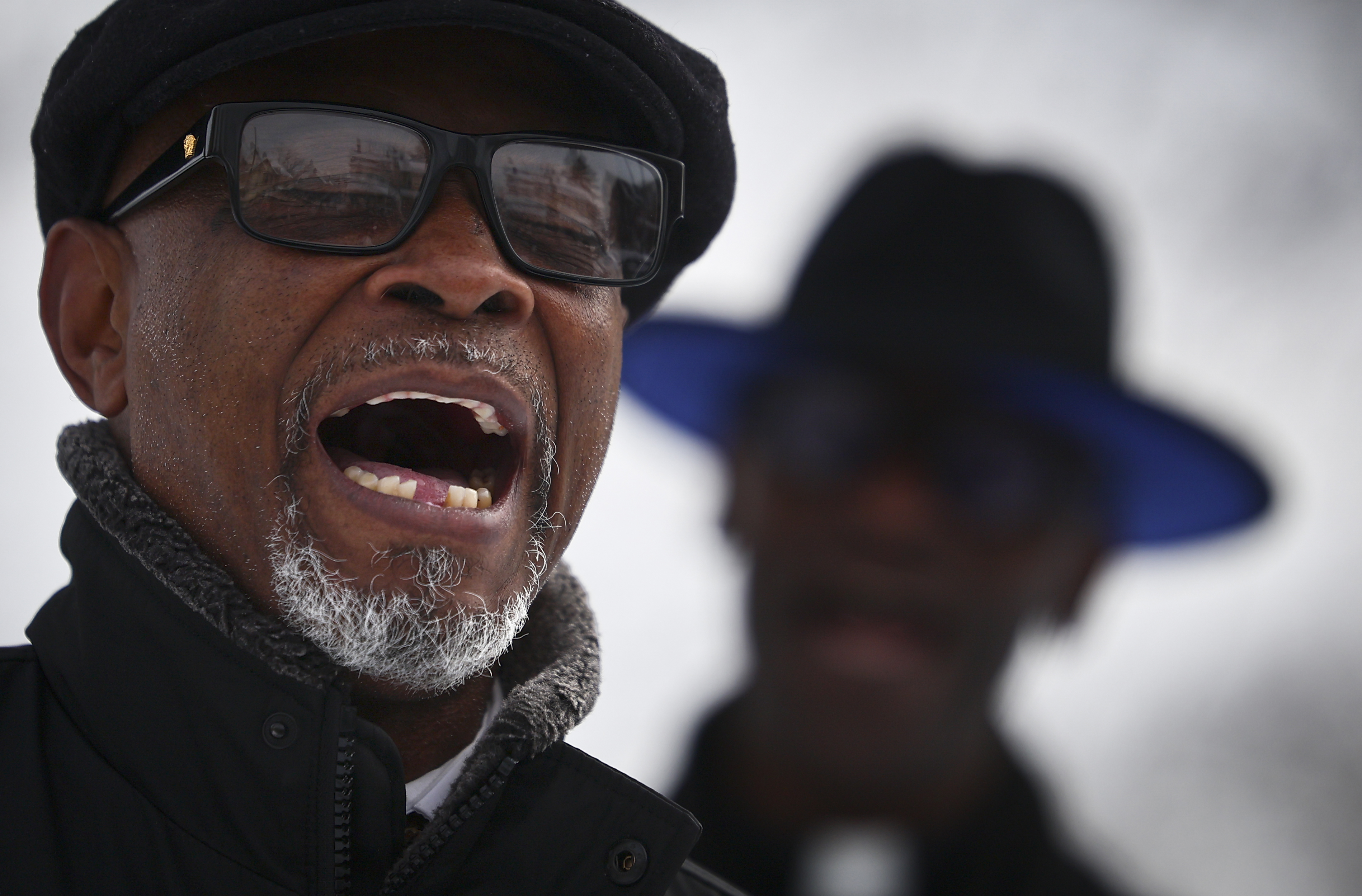 Frankie West, President of the Martin Luther King Civil Rights Movement March, sings the song, “Precious Lord,”  at Martin Luther King Park following the Civil Rights Movement March honoring Dr. Martin Luther King Jr. on Monday, Jan. 19, 2025, through Southside Bethlehem. 