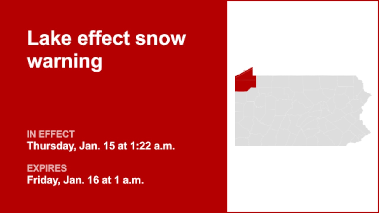 Update: Lake effect snow warning in place for Northwest Pa. until 1 a.m. Friday