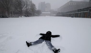 Julie Cohen makes a snow angel on the snow-covered lawn at the Independence Mall on Sunday.