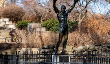 The "Rocky" statue, at street level just north of the steps at the Philadelphia Art Museum, was created by A. Thomas Schomberg for the 1982 movie "Rocky III."