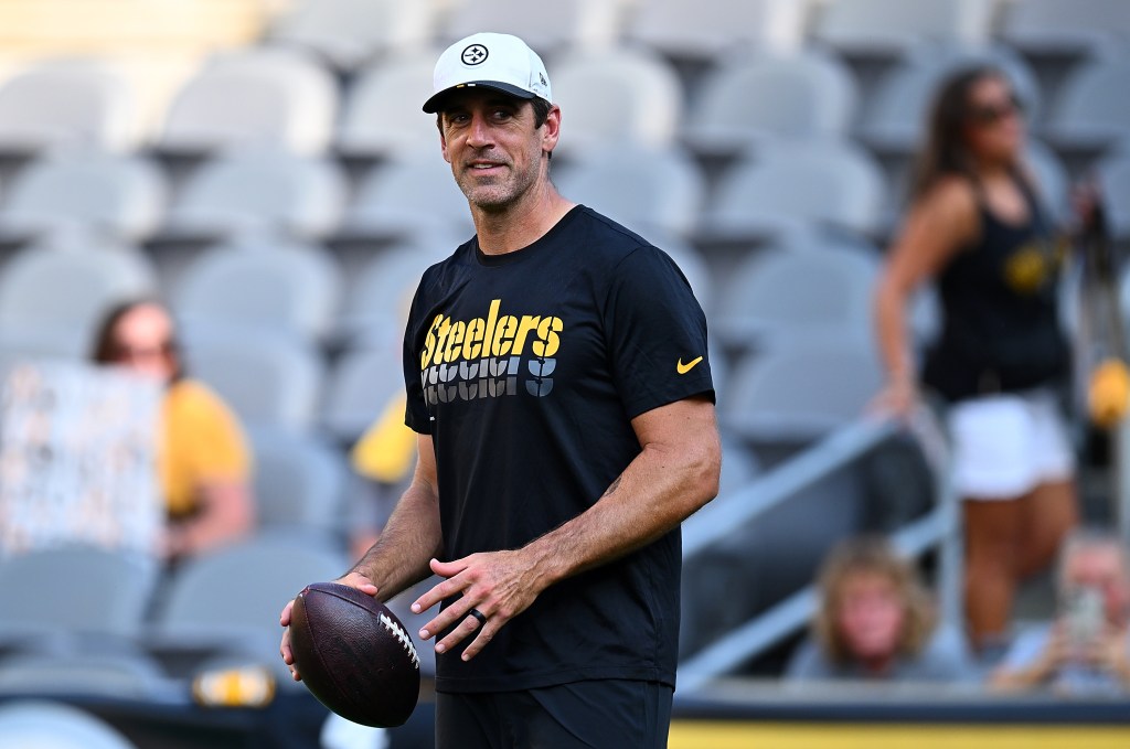 Aaron Rodgers #8 of the Pittsburgh Steelers looks on prior to the  NFL Preseason 2025 game against the Tampa Bay Buccaneers at Acrisure Stadium on August 16, 2025 in Pittsburgh, Pennsylvania, United States.