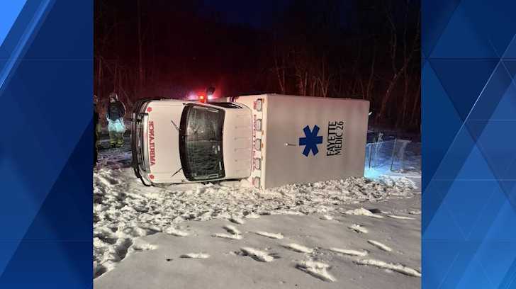 Rollover accident in Fayette County: Ambulance damaged in crash