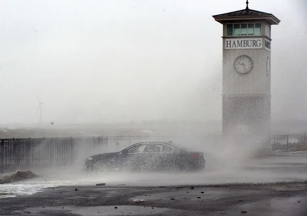 Waves batter the shoreline along Lake Erie on Dec. 29, 2025 in Hamburg, New York.
