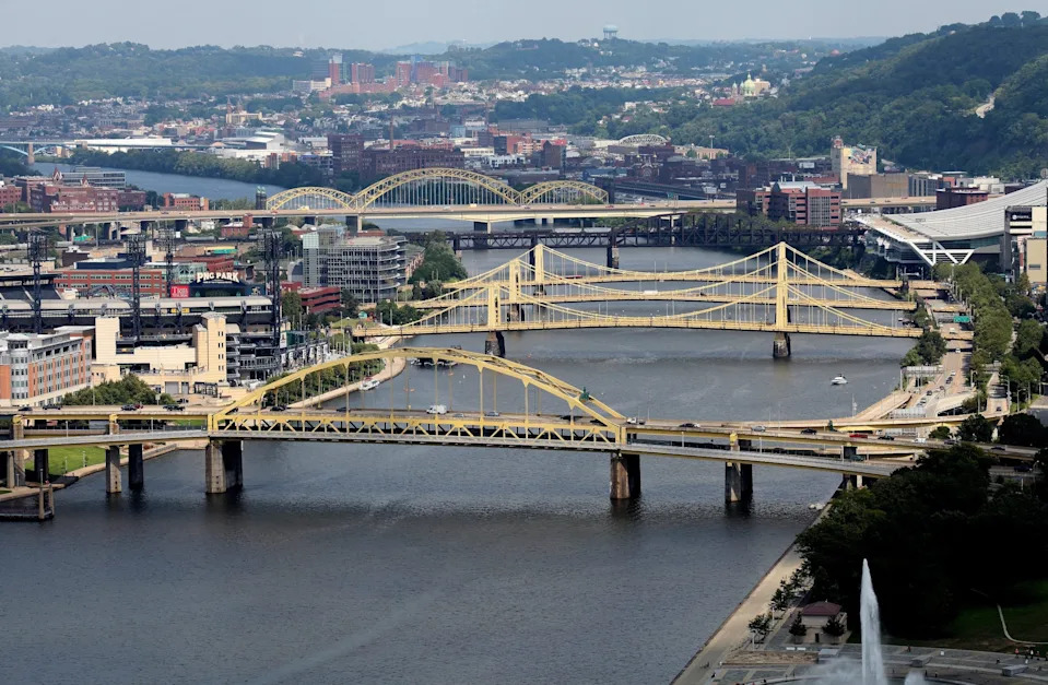 PITTSBURGH - AUGUST 25: View of Fort Duquesne Bridge, Roberto Clemente Bridge, Andy Warhol Bridge, Rachel Carson Bridge and 16th Street Bridge over the Allegheny River as photographed from Mount Washington in Pittsburgh, Pennsylvania on August 25, 2016.