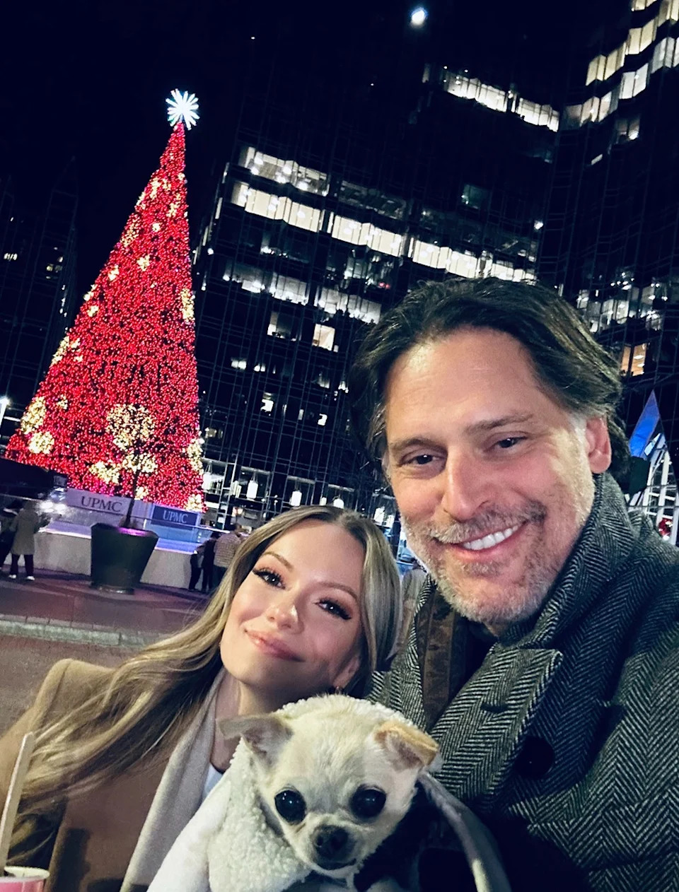 A selfie of Caitlin O'Connor, Joe Manganiello and their dog Bubbles.