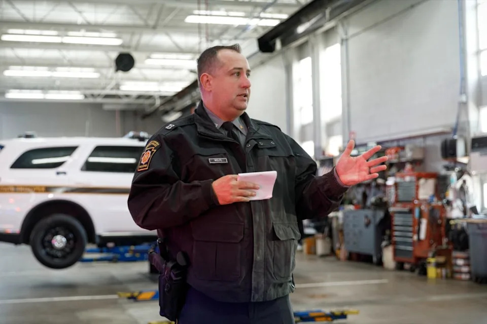 HARRISBURG, Pa., Jan. 29, 2026 — Capt. Brian Wolfe, director of the Transportation Division within the Bureau of Staff Services, speaks about upgraded patrol vehicle lighting and safety features during a Pennsylvania State Police vehicle technology unveiling.