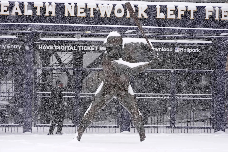 A man walks past a statue of Pittsburgh Pirates Hall of Famer Willie Stargell outside PNC Park on the Northside of Pittsburgh at mid-morning on Jan. 25, 2026. 