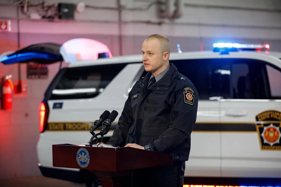 HARRISBURG, Pa., Jan. 29, 2026 — Sergeant Logan Brouse, director of the Pennsylvania State Police Communications Office, speaks during an event unveiling advanced patrol vehicle upgrades designed to enhance safety, visibility, and communication for troopers and motorists.