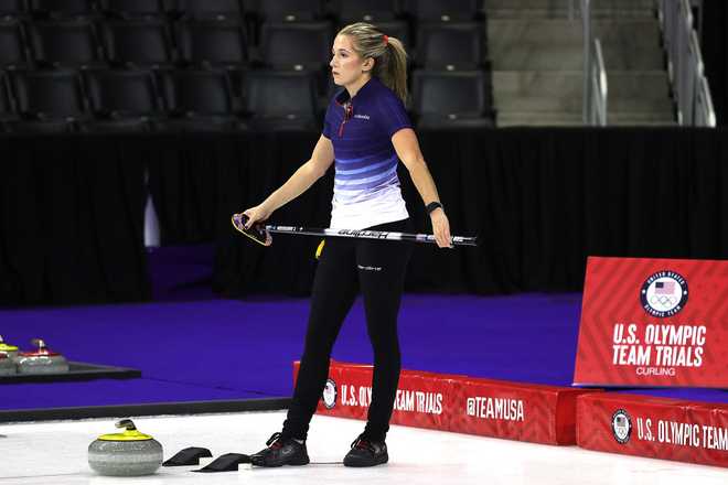 OMAHA, NEBRASKA - NOVEMBER 19: Taylor Anderson of the United States watches action during Game 1 of the US Olympic Team Trials at Baxter Arena on November 19, 2021 in Omaha, Nebraska. (Photo by Stacy Revere/Getty Images)