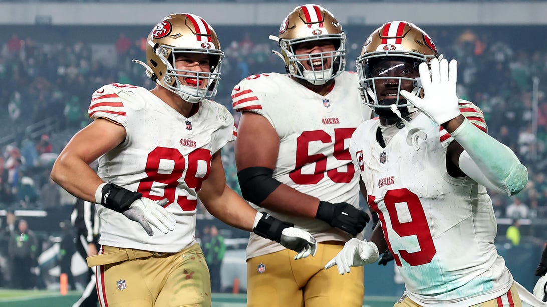 PHILADELPHIA, PENNSYLVANIA - DECEMBER 03: Deebo Samuel #19 of the San Francisco 49ers celebrates after a touchdown with Charlie Woerner #89 and Aaron Banks #65 during the fourth quarter in the game against the Philadelphia Eagles at Lincoln Financial Field on December 03, 2023 in Philadelphia, Pennsylvania.