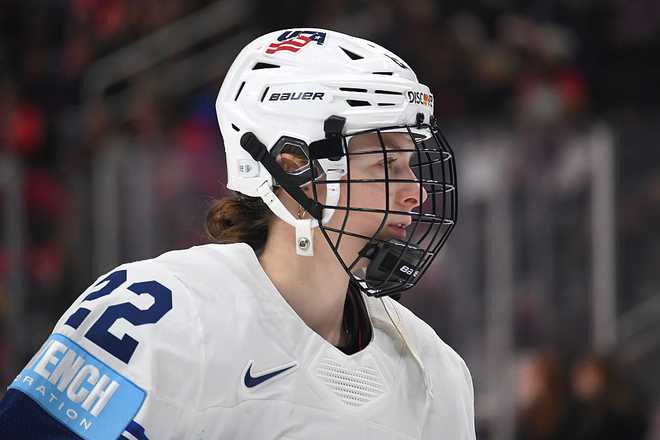EDMONTON, CANADA - DECEMBER 13: Tessa Janecke #22 of Team USA in action during Game Two of the 2025 Rivalry Series against Team Canada at Rogers Place on December 13, 2025, in Edmonton, Alberta, Canada. (Photo by Leila Devlin/Getty Images)