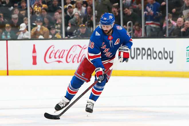 BOSTON, MA - JANUARY 10: Vincent Trocheck #16 of the New York Rangers skates on the penalty kill during the game between the Boston Bruins and the New York Rangers on January 10, 2026, at TD Garden in Boston, MA. (Photo by Summer Lamont/Icon Sportswire via Getty Images)