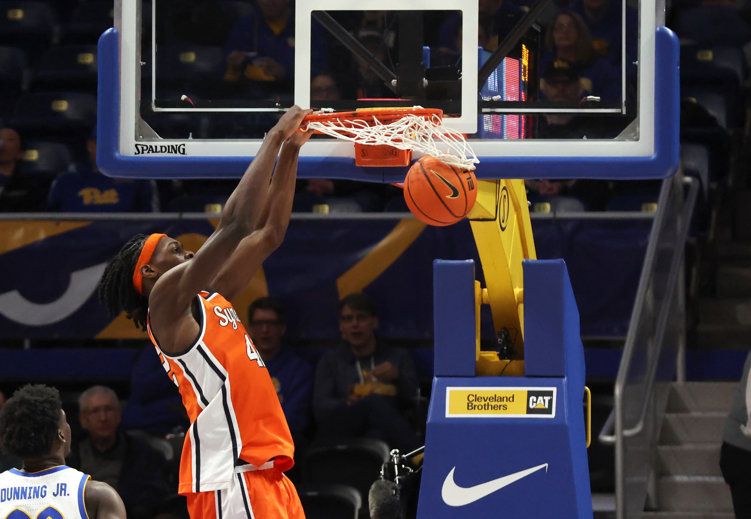 Jan 10, 2026; Pittsburgh, Pennsylvania, USA; Syracuse Orange forward William Kyle III (42) dunks against the Pittsburgh Panthers during the second half at the Petersen Events Center. Mandatory Credit: Charles LeClaire-Imagn Images