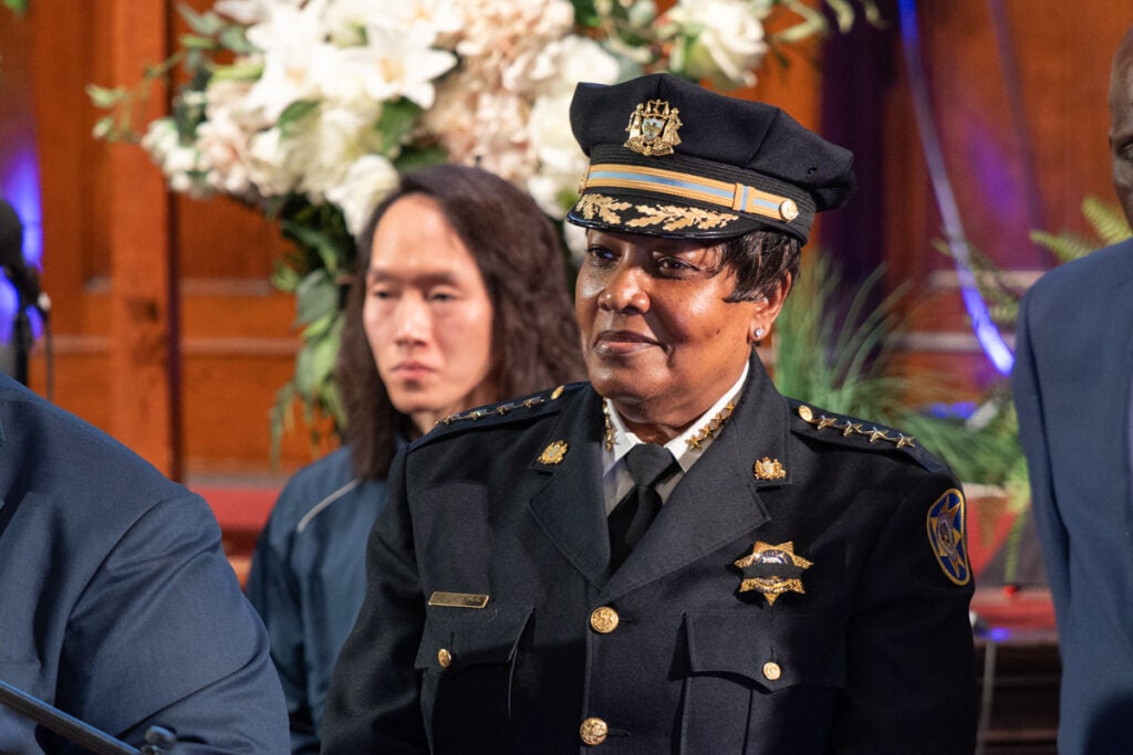 Philadelphia Sheriff Rochelle Bilal speaks at the district attorney’s office press conference